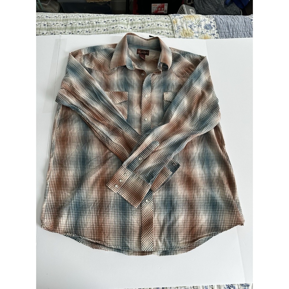 American Rag Cie Mens XL Pearl Snap Shirt Brown Blue Plaid Western Long Sleeve